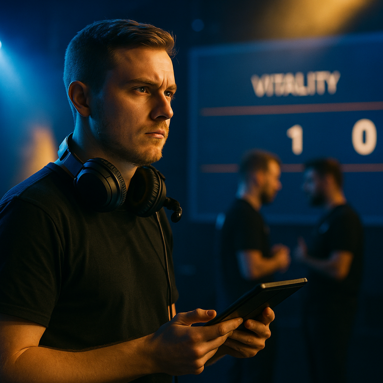 Thoughtful Aleksib stands backstage at a CS2 arena with a headset around his neck,